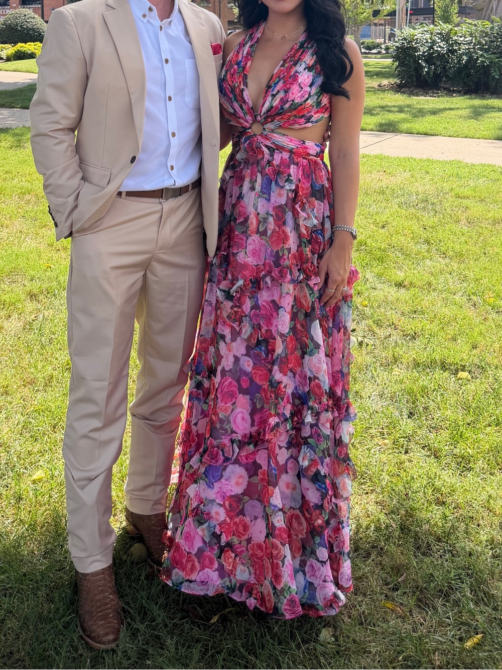 MAC DUGGAL Dress Size 4 Floral Pink Multi Tiered Halter Maxi Dress Long Elegant